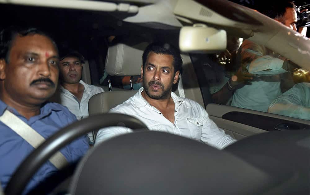 Salman Khan leaves the court after getting an interim 2 days bail by the High Court in the 2002 hit-and-run case in Mumbai. The court sentenced Khan to 5 years in prison for culpable homicide for the death of a man in the case.