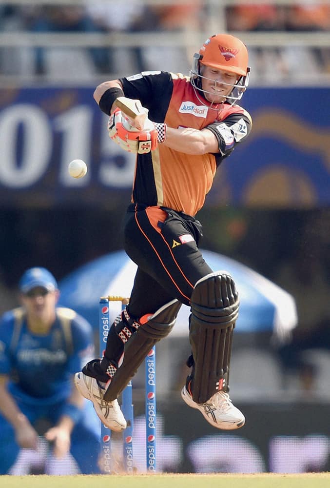 Sunrisers Hyderabad player David Warner plays a shot during their IPL match against Rajastha Royals in Mumbai.