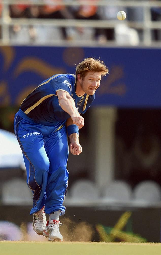 Rajasthan Royals player Shane Watson bowls during IPL match against SRH in Mumbai.