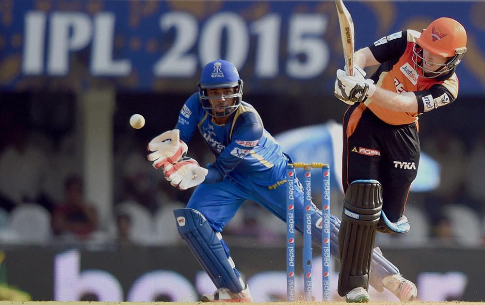 Sunrisers Hyderabad player Eoin Morgan plays a shot during their IPL match against Rajasthan Royals in Mumbai.