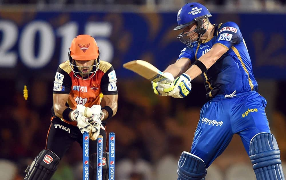 Rajasthan Royals player Steve Smith looses his wicket during an IPL match in Mumbai.