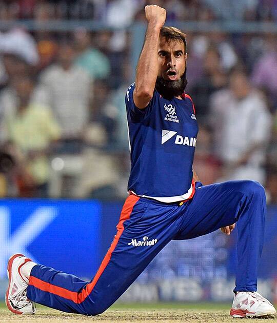 Delhi Daredevils bowler Imran Tahir celebrates KKRs Yusuf Pathans wicket during the IPL match at Eden Garden in Kolkata.