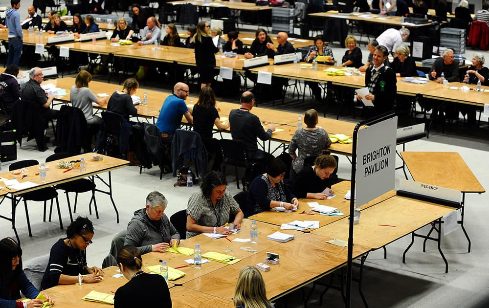 Ballot papers are counted for the Hove, Brighton Pavilion and Brighton Kemptown constituencies in Brighton, England.