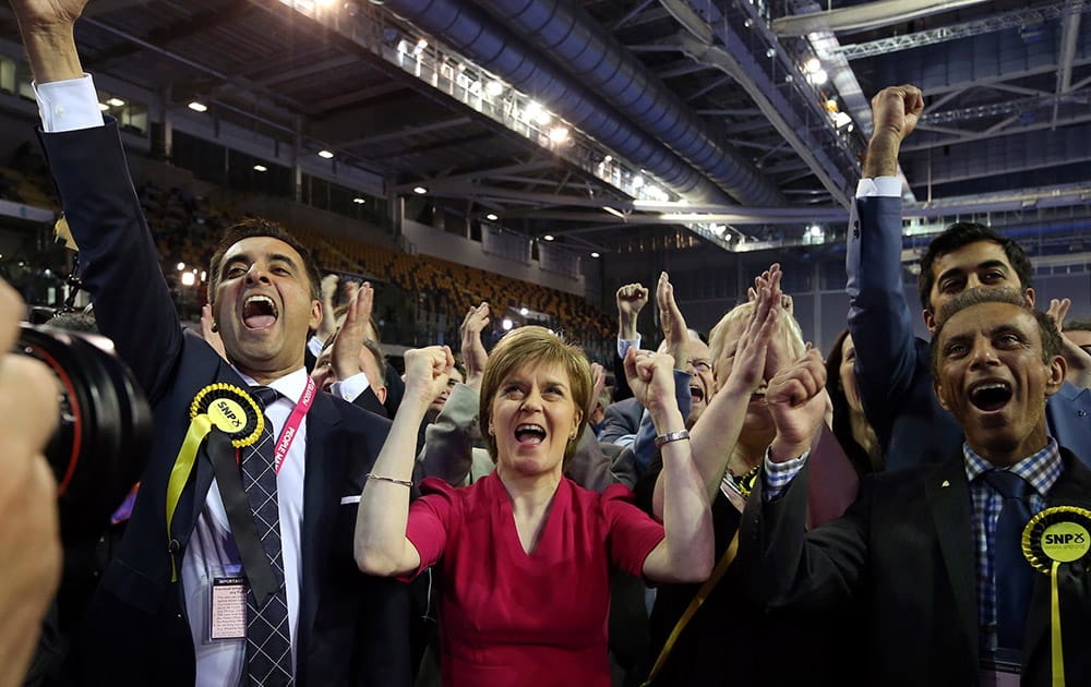 First Minister of Scotland and Scottish National Party leader Nicola Sturgeon celebrates with the results for her party at the count of Glasgow constituencies for the general election in Glasgow, Scotland.