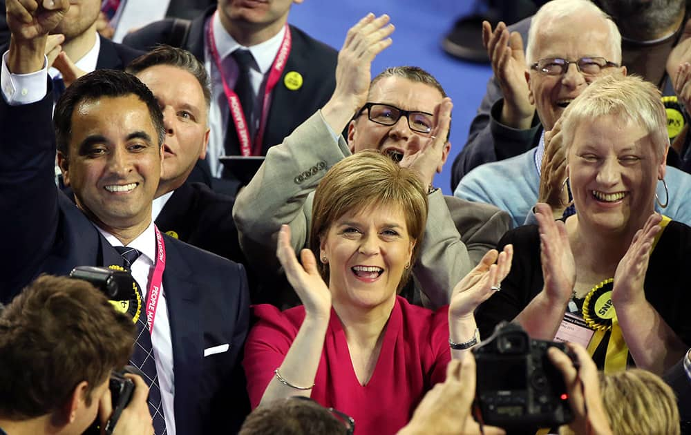 First Minister of Scotland and Scottish National Party leader Nicola Sturgeon celebrates with the results for her party at the count of Glasgow constituencies for the general election in Glasgow, Scotland.