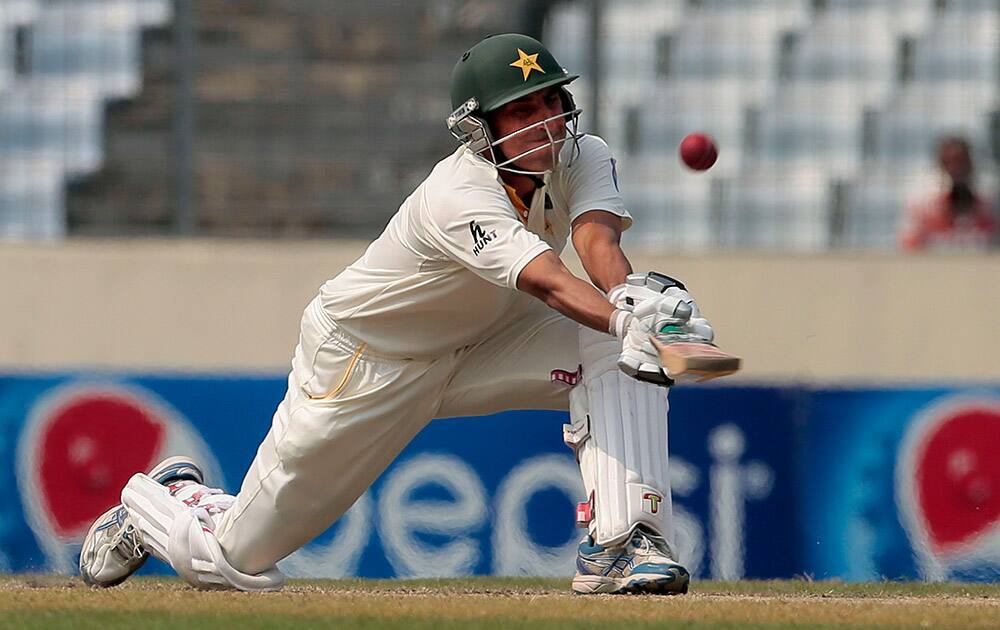 Pakistan’s Younis Khan plays a shot during the third day of the second test cricket match against Bangladesh in Dhaka, Bangladesh.