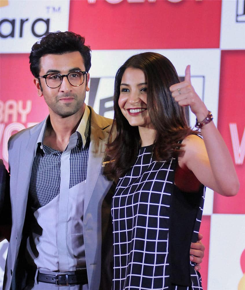 Anushka Sharma and Ranbir Kapoor during the promotion and launch of their upcoming film Bombay Velvet mobile game.