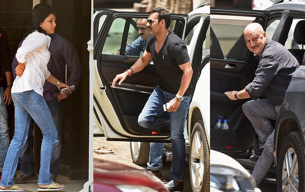 Sanjay Dutt's sister Priya Dutt, Ajay Devgn and Anupam Kher arrive at bollywood actor Salman Khans residence.