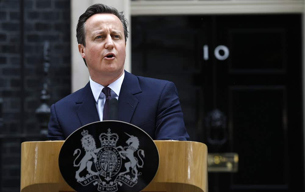 Britain's Prime Minister David Cameron speaks to the media in 10 Downing Street in London. Cameron's Conservative Party swept to power Friday in Britain's Parliamentary elections winning an unexpected majority.