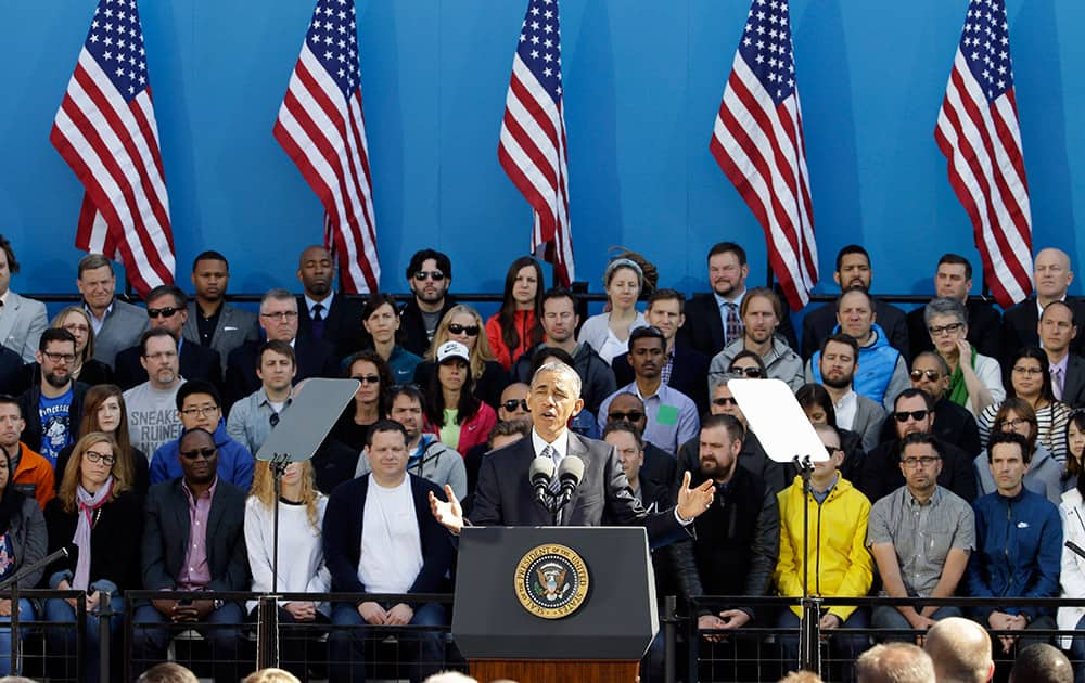 President Barack Obama speaks at Nike headquarters in Beaverton, Ore.