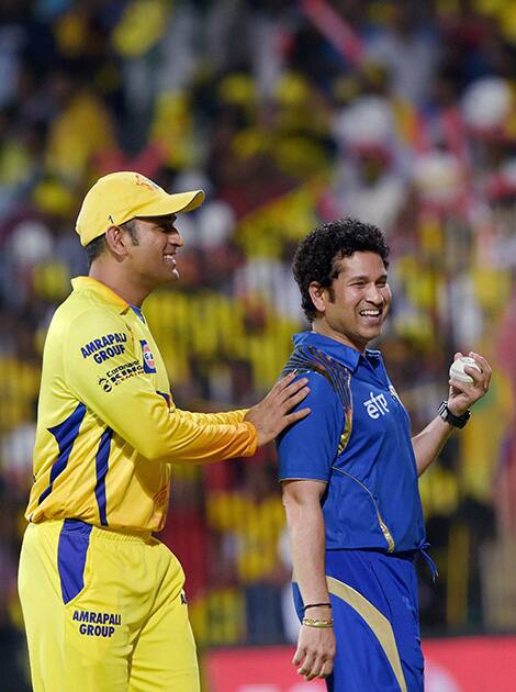 Mumbai Indians icon Sachin Tendulkar along with Chennai Super Kings Skipper MS Dhoni during their IPL-2015 match at MAC Stadium in Chennai.