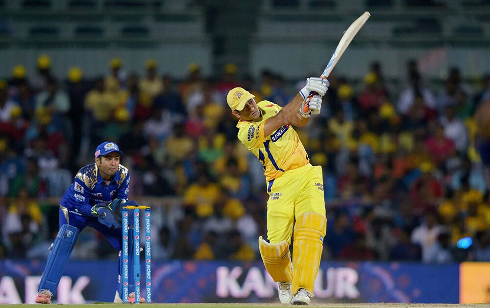 Chennai Super Kings’ Skipper MS Dhoni plays a shot during the IPL-2015 match against umbai Indians at MAC Stadium in Chennai.