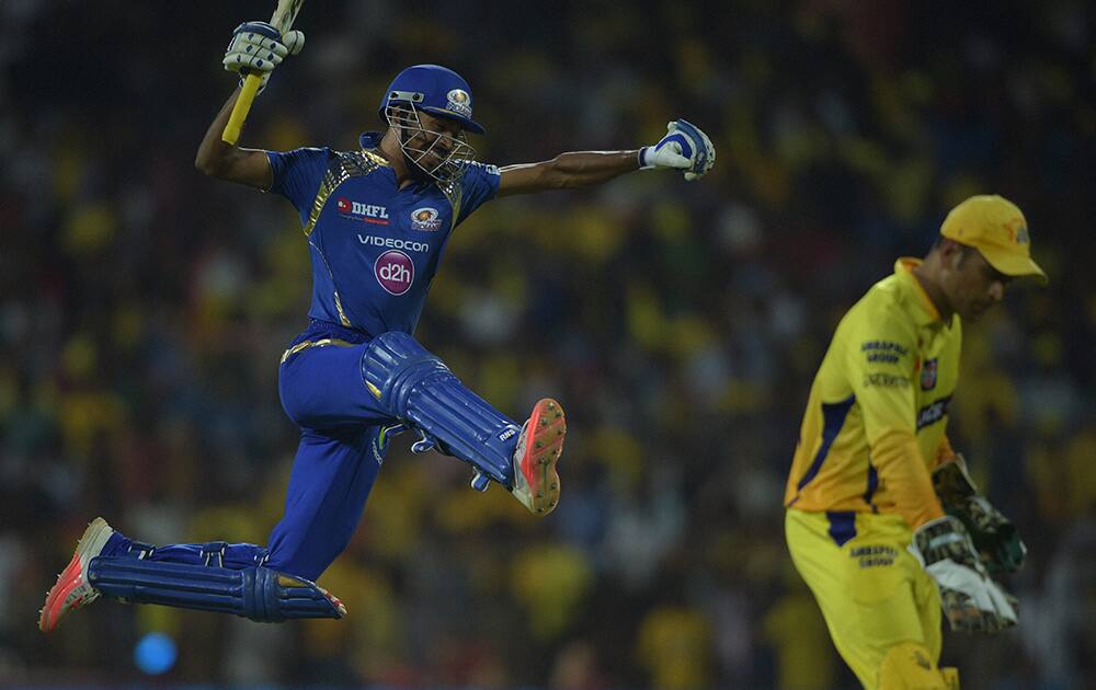 Mumbai Indian’ Hardik Pandya celebrating after win over Chennai Super Kings during their IPL-2015 match at MAC Stadium in Chennai.