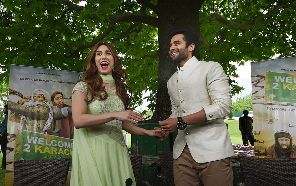 Jackkey Bhagnani and Kauren Gottlied during a promotional event for their upcoming movie Welcome 2 Karachi in Srinagar.