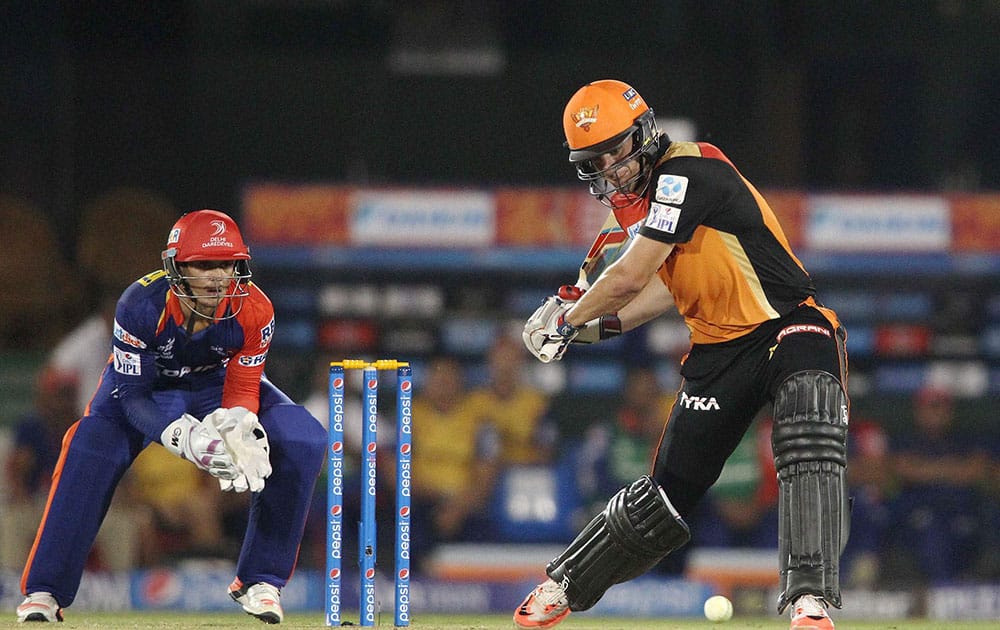 Moises Henriques of the Sunrisers Hyderabad bats during IPL 2015 between Delhi Daredevils and the Sunrisers Hyderabad at the Shaheed Veer Narayan Singh International Cricket Stadium in Raipur.