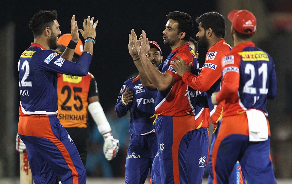 Zaheer Khan of the Delhi Daredevils celebrates the wicket of Shikhar Dhawan of the Sunrisers Hyderabad during IPL 2015 at the Shaheed Veer Narayan Singh International Cricket Stadium in Raipur.