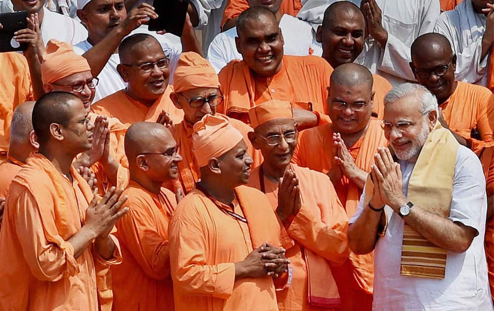 Prime Minister Narendra Modi with monks of Belur Math (Headquarters of Ramakrishna Math & Ramakrishna Mission) during a visit in Kolkata.