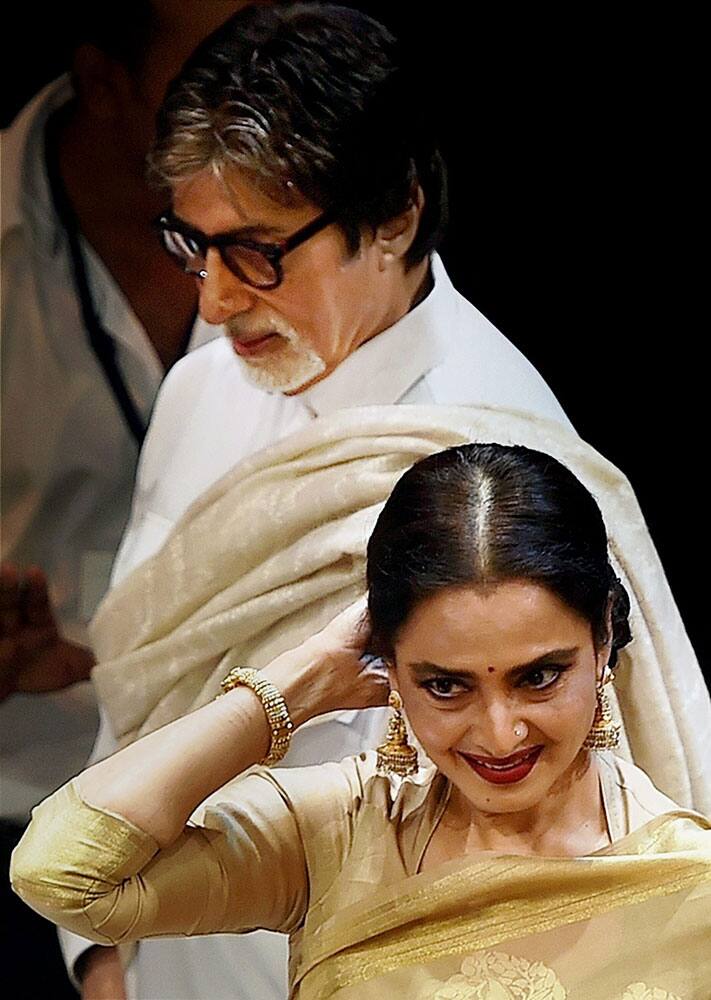 Mega actor Amitabh Bachchan and Rekha during the ceremony to confer Dadasaheb Phalke Award on legendary bollywood actor Shashi Kapoor in Mumbai.