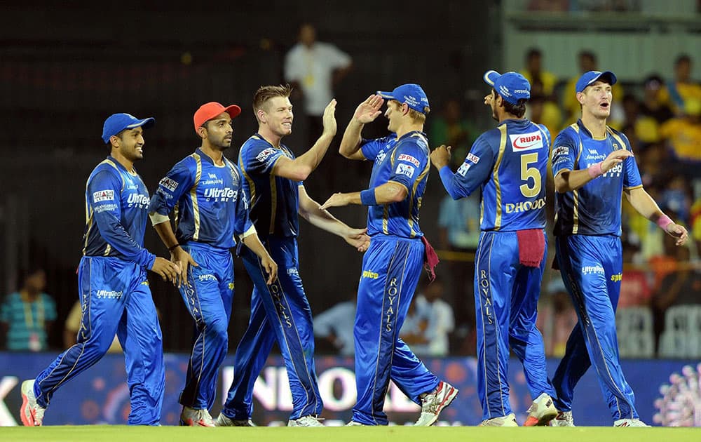 Rajasthan Royals players celebrate after dismissing Chennai Super Kings’ DR Smith during their IPL match at MAC Stadium in Chennai.