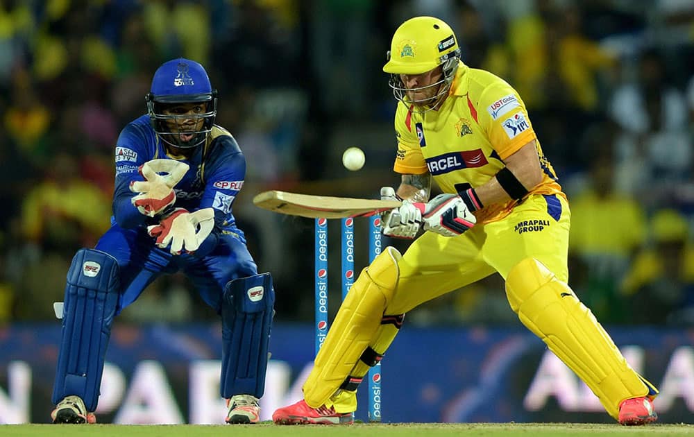 Chennai Super Kings’ Brendon McCullum plays a shot during the IPL-2015 match against Rajasthan Royal at MAC Stadium in Chennai.