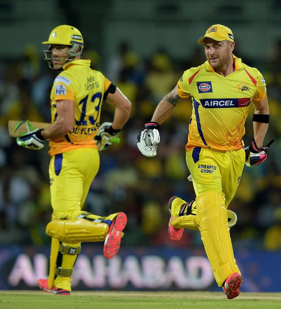 Chennai Super Kings’ Brendon McCullum and Faf du Plessis during the IPL-2015 match against Rajasthan Royal at MAC Stadium in Chennai.