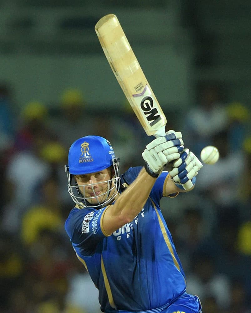 Rajasthan Royal’ Shane Watson plays a shot during the IPL-2015 match against Chennai Super Kings at MAC Stadium in Chennai.