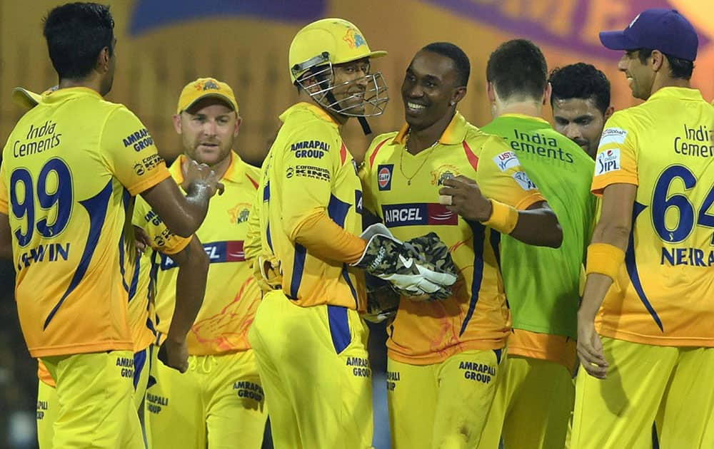 Chennai Super Kings’ players celebrates after dismissing a Rajasthan Royal Shane Watson during their IPL-2015 at MAC Stadium in Chennai.