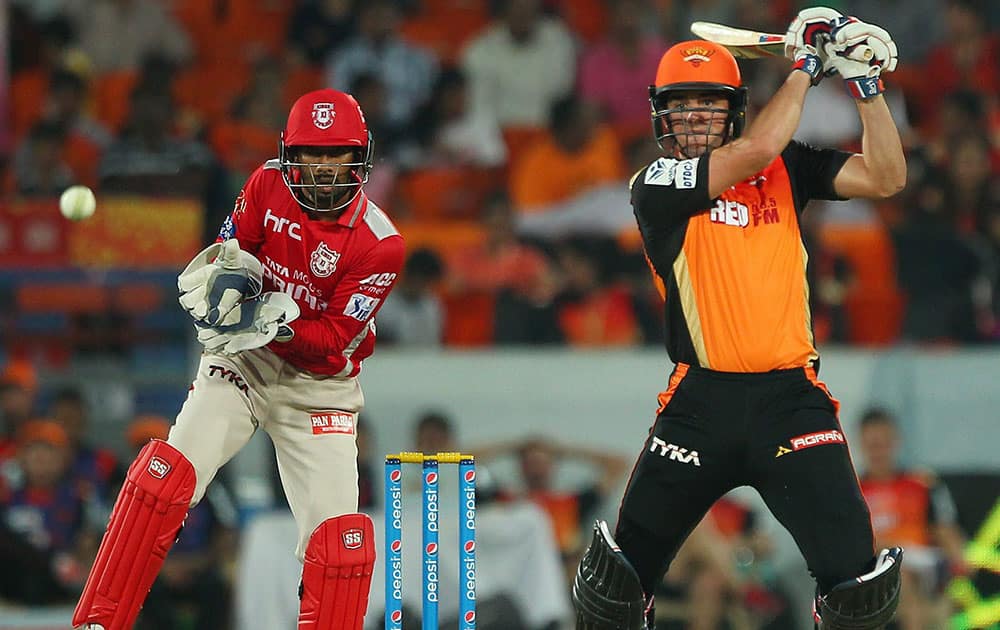 Moises Henriques of the Sunrisers Hyderabad hits a ball during IPL 8 match against Kings XI Punjab in Hyderabad.