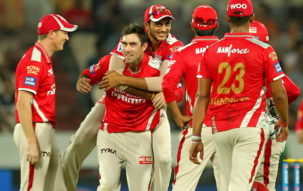 Glen Maxwell of the Kings XI Punjab celebrates wicket of shikhar Dhawan during an IPL 8 match in Hyderabad.