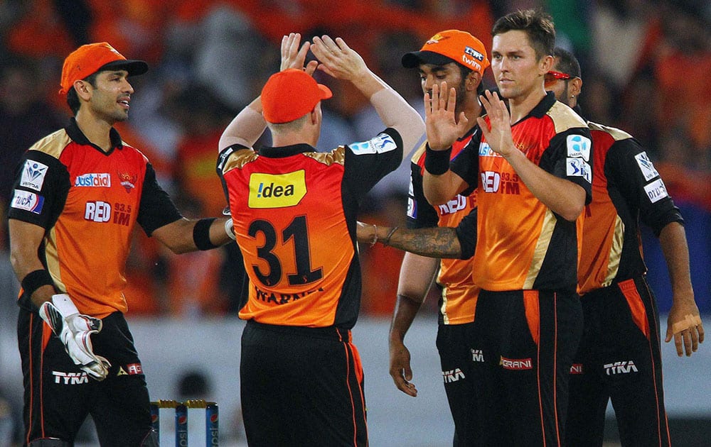 Trent Boult of the Sunrisers Hyderabad celebrates the wicket of Glenn Maxwell of Kings XI Punjab during an IPL 8 match in Hyderabad.