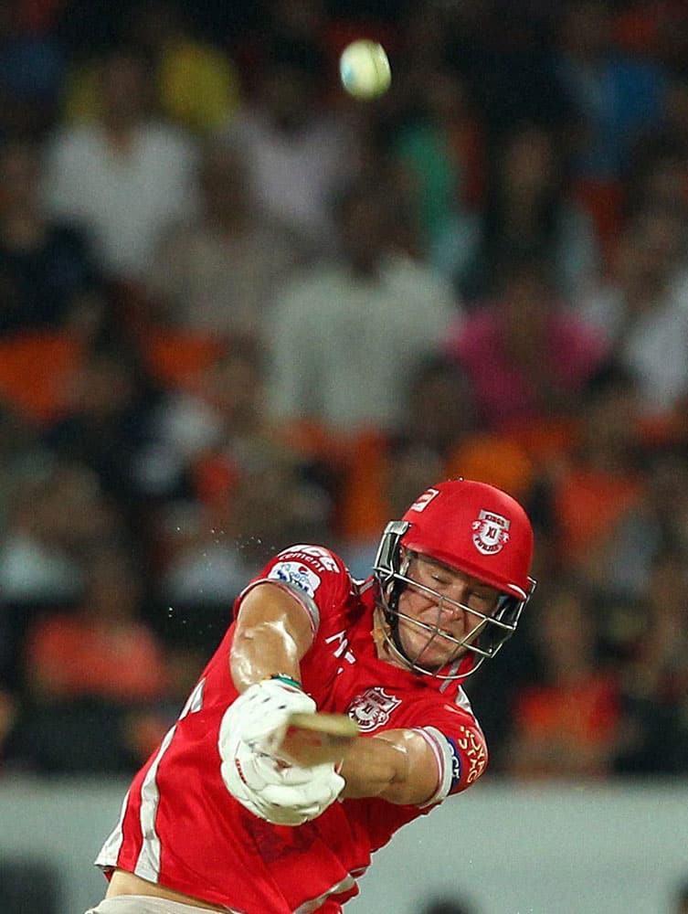 David Miller of Kings XI Punjab plays a shot during an IPL 8 match against Sunrisers Hyderabad.