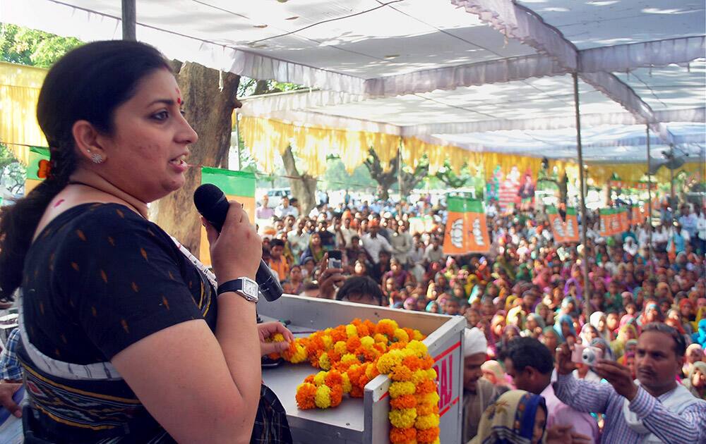 HRD Minister Smriti Irani addresses a public meeting in Amethi.