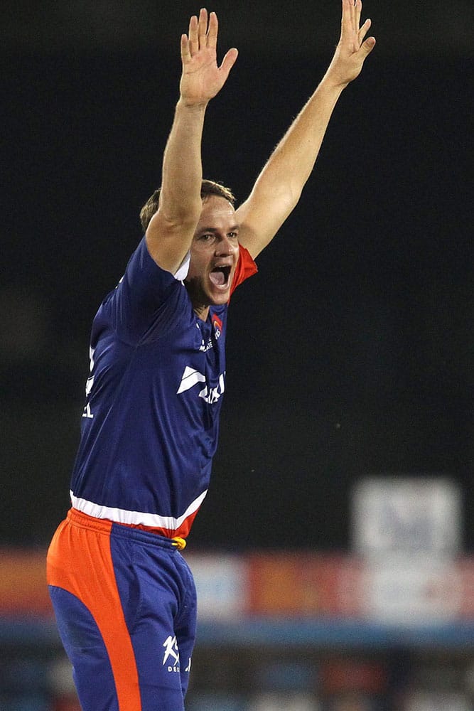 Albie Morkel of the Delhi Daredevils appeals successfully for LBW to get Dwayne Smith of Chennai Super Kings during their IPL 8 match in Raipur.