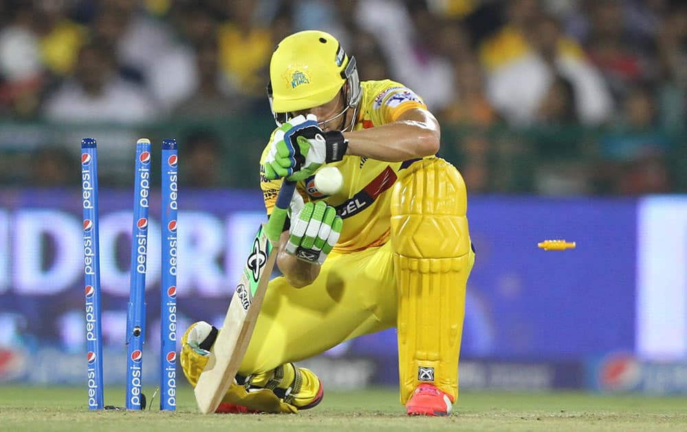 Chennai Super Kings Faf du Plessis bowled by Albie Morkel of Delhi Daredevils during the IPL match in Raipur.