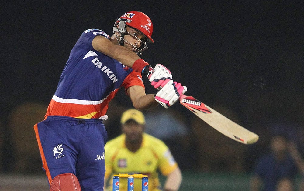 Yuvraj Singh of the Delhi Daredevils plays a shot during an IPL 8 match against Chennai Super Kings in Raipur.