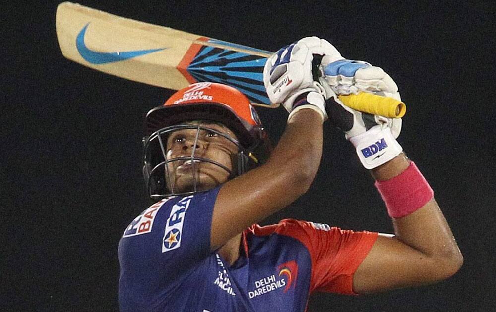 Shreyas Iyer of the Delhi Daredevils plays a shot during an IPL 8 match against Chennai Super Kings in Raipur.