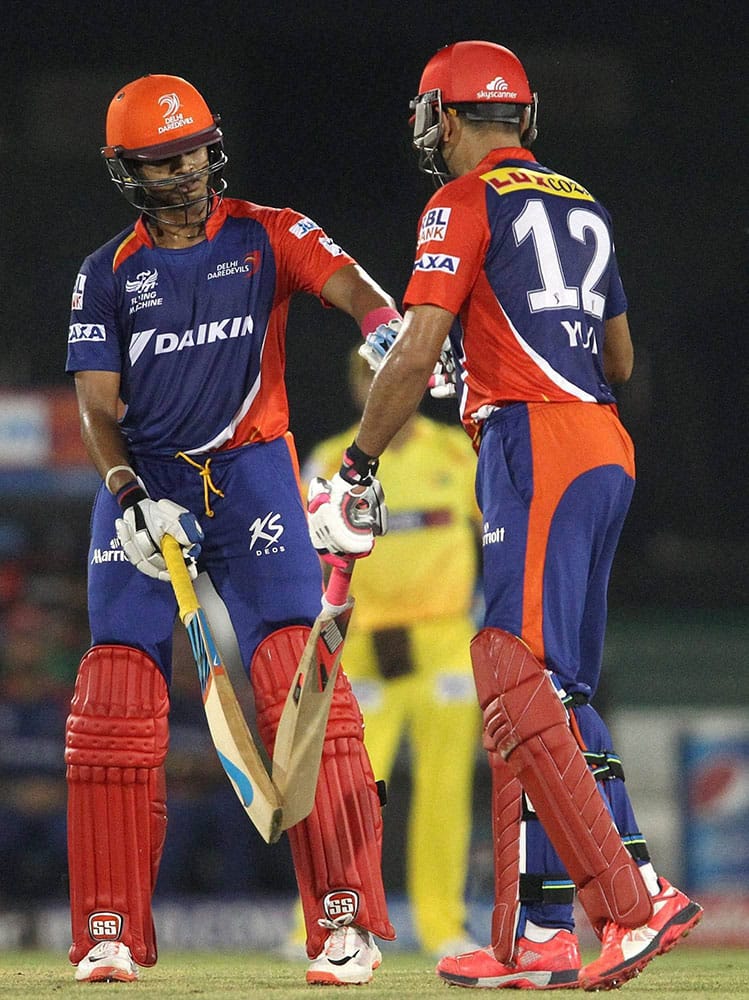 Shreyas Iyer being greeted by teammate Yuvraj Singh of Delhi Daredevils for reaching his fifty during IPL match against Chennai Super Kings in Raipur.