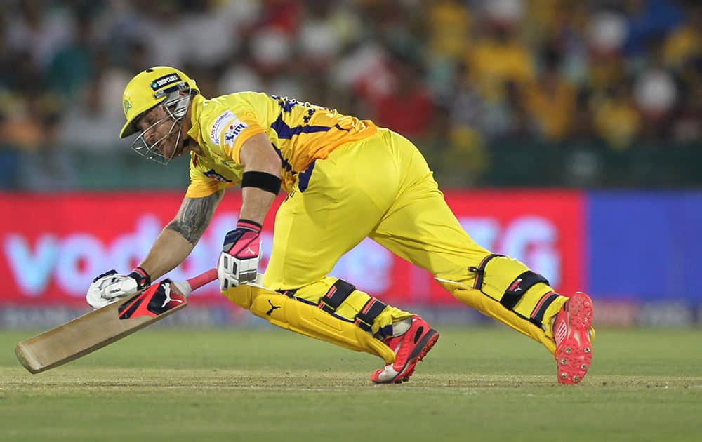 Brendon McCullum of Chennai Superkings falls down during their IPL match against the Delhi Daredevils in Raipur.