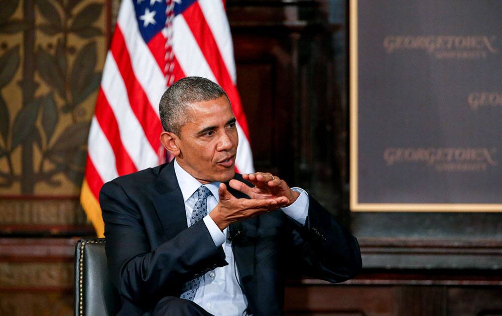 President Barack Obama speaks at the Catholic-Evangelical Leadership Summit on Overcoming Poverty at Gaston Hall at Georgetown University in Washington.