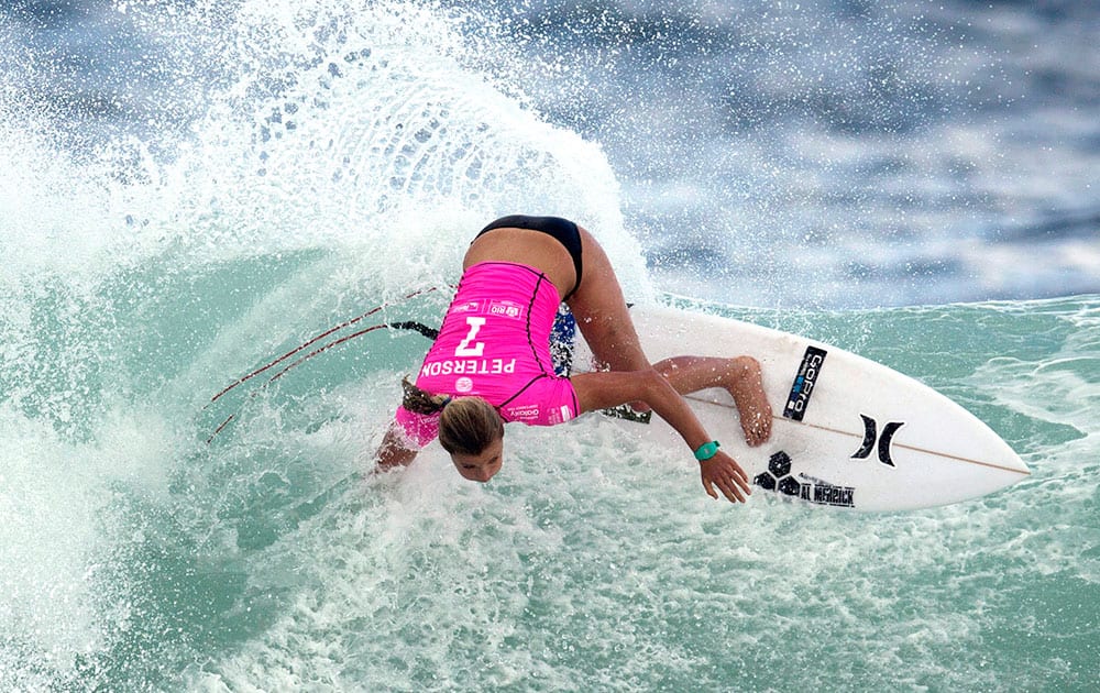 U.S. Lakey Peterson competes in the first round of the 2015 Oi Rio Pro World Surf League competition at Barra da Tijuca beach in Rio de Janeiro, Brazil.