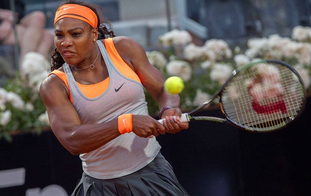 Serena Williams of the US returns the ball to Russia's Anastasia Pavlyuchenkova during their match at the Italian Open tennis tournament.