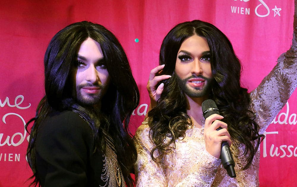 onchita Wurst, Austrian winner of the Eurovision Song Contest 2014,  unveils his wax figure at Madame Tussauds in Vienna, Austria.