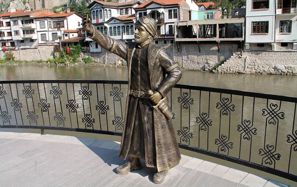 This photo shows a statue of an Ottoman prince taking a selfie with a cellphone erected in Amasya, Turkey.