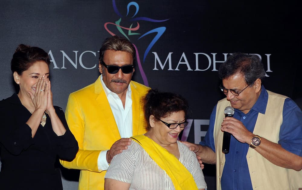 Madhuri Dixit Nene, Jackie Shroff, Choreographer Saroj Khan and film director Subhash Ghai during the launch of ‘Dance with Madhuri’ dance academy in Mumbai.