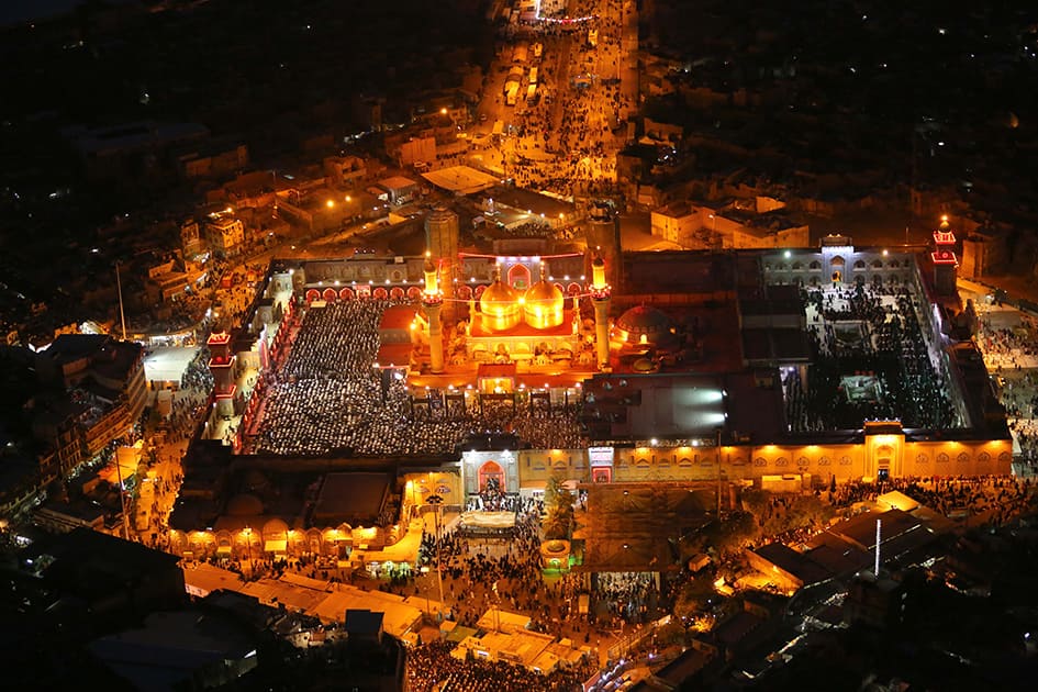 An aerial view of the holy Muslim Shiite shrine of Imam Moussa al-Kazim as pilgrims gather to commemorate his death, in the Shiite district of Kazimiyah, Baghdad, Iraq.