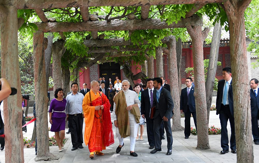 Prime Minister Narendra Modi during his visit Daxingshan temple in Xian, China.