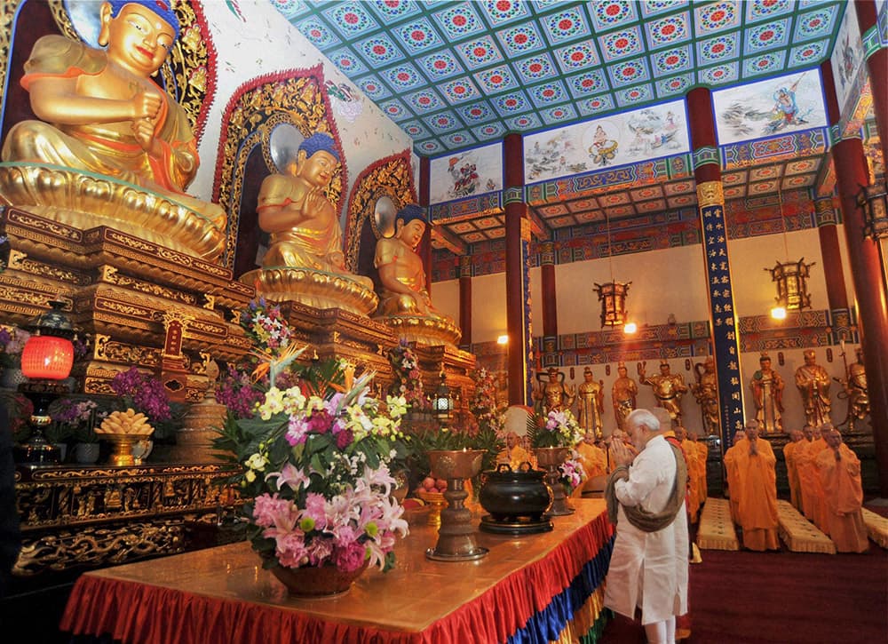 Prime Minister Narendra Modi during a visit to the Daxingshan Temple.