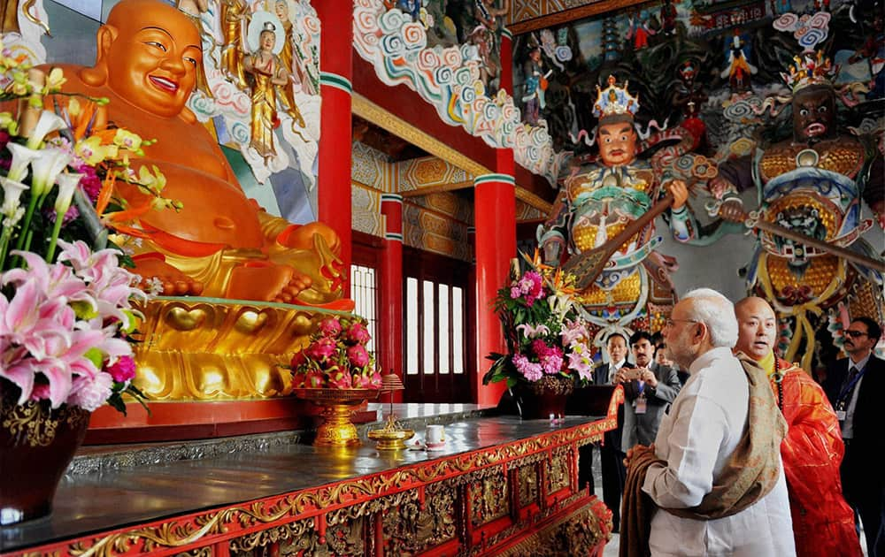 Prime Minister Narendra Modi during a visit to the Daxingshan Temple.