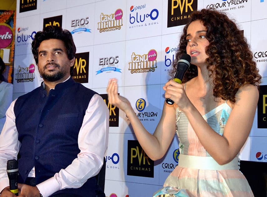 Bollywood actors Kangna Ranaut and R Madhavan at a promotional event of their upcoming film Tanu Weds Manu Returns in Gurgaon.