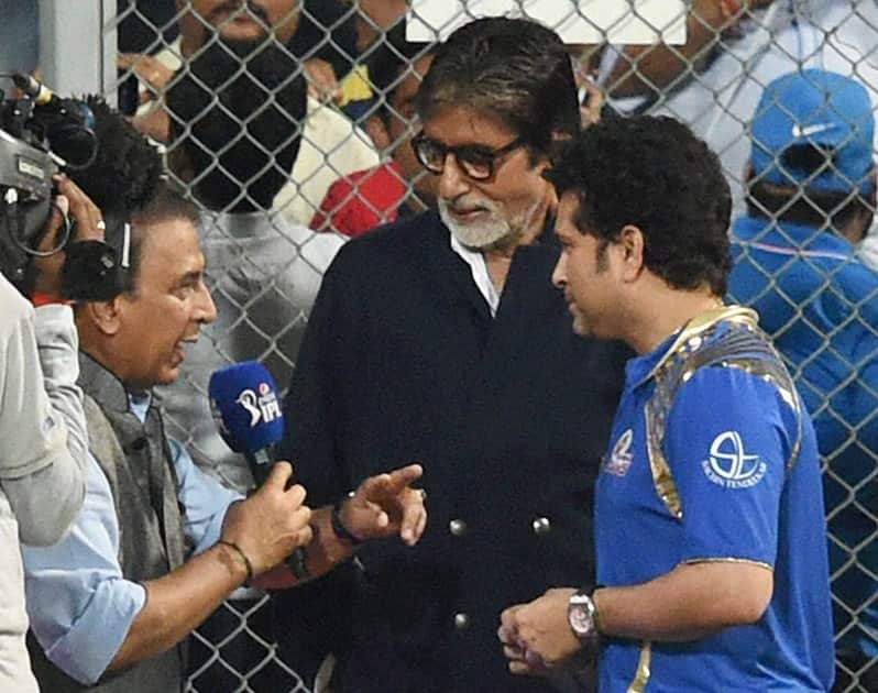 Bollywood actor Amitabh Bachchan with Sachin Tendulkar and Sunil Gavaskar during the Kolkata Knight Riders and Mumbai Indians IPL T20 match in Mumbai.